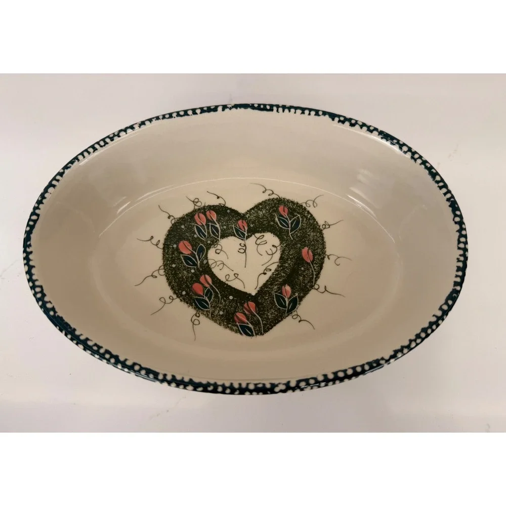 Nesting Bowls Oval Stoneware Heart Tulip Set of 3 Cream Green Country 90s